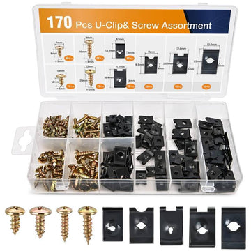 170 Pcs Car U-Clip and Screw Assortment Kit 9 Different Sizes Automotive U Nut and Screw Clip Replacement Parts for Dash Door Panel Interior